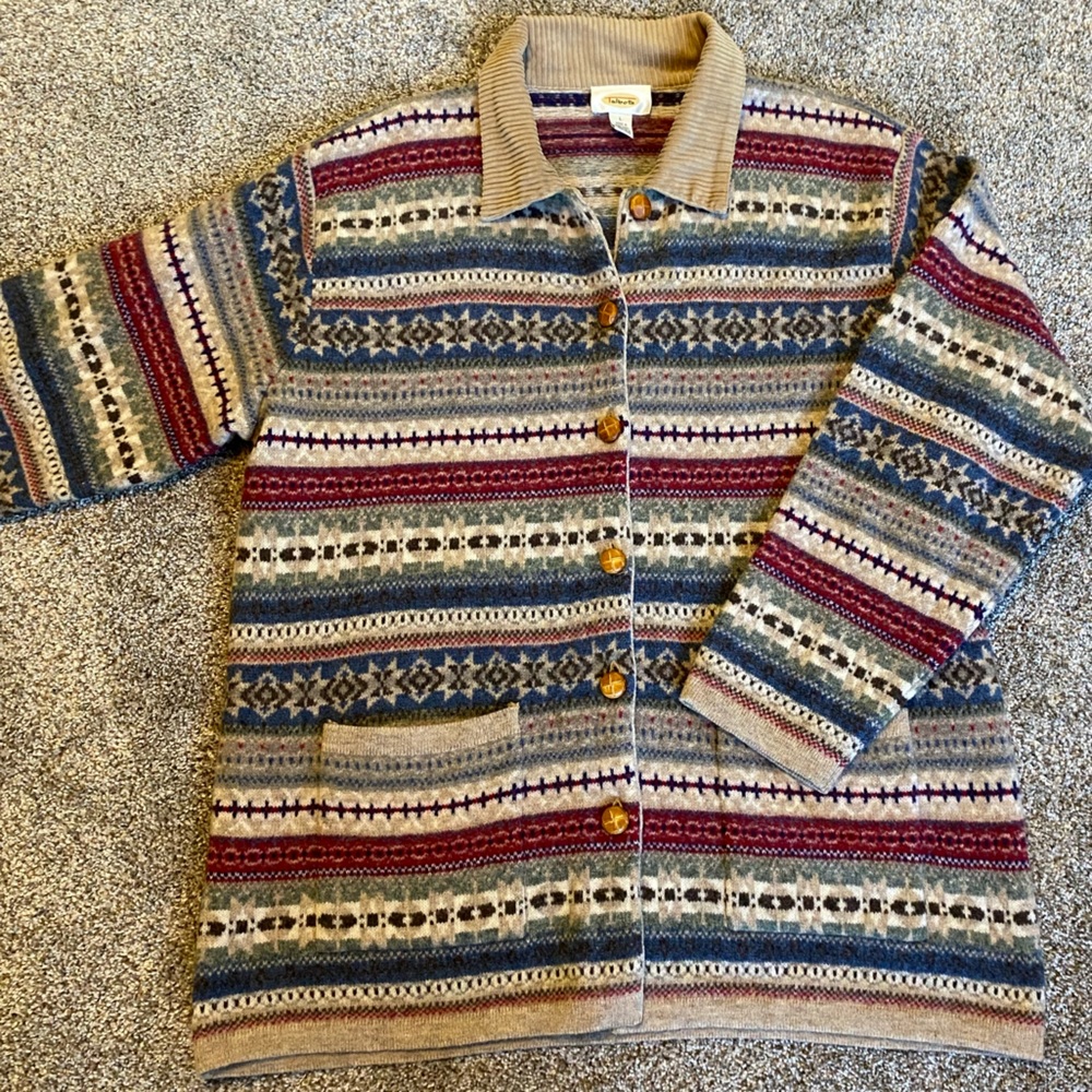 Talbots Women’s size Large 100% Wool Tan Blue Sweater Jacket